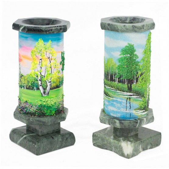 Декоративная ваза из камня "Летний пейзаж" змеевик рисунок каменная крошка
