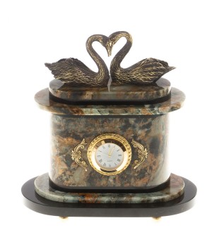 Часы "Пара лебедей" бронза офиокальцит / каминные часы / часы декоративные / кварцевые часы / интерьерные часы / подарочные часы