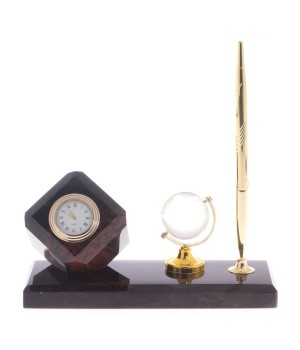 Канцелярский письменный мини-набор "Куб" с глобусом и ручкой из натурального обсидиана