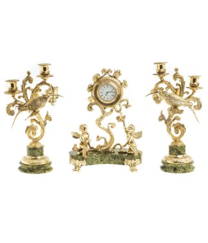 Каминные часы "Ангелы" с бронзовыми канделябрами 6 свечей камень змеевик