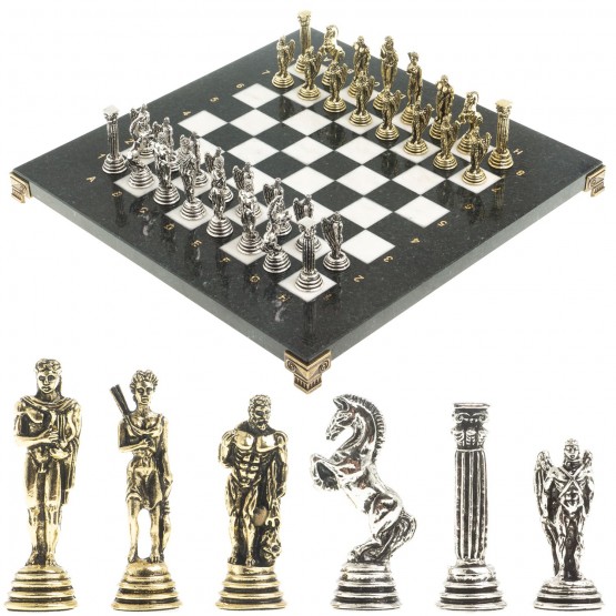 Подарочные шахматы "Икар" доска 32х32 см из камня мрамор змеевик фигуры металлические