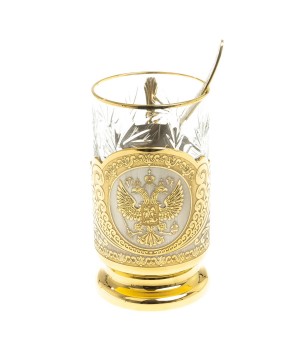 Позолоченный подстаканник "Герб РФ" с хрустальным стаканом 260 мл в подарочной упаковке Златоуст 119261