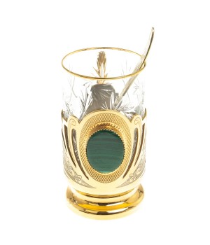 Позолоченный подстаканник "Малахитовый" со стаканом и ложкой в подарочной упаковке Златоуст