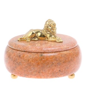 Шкатулка с декором из бронзы "Лев" камень розовый мрамор / шкатулка в подарок / для хранения ювелирных украшений, бижутерии