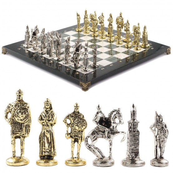 Шахматы с металлическими фигурами "Русь" доска 40х40 см из камня офиокальцит 120687
