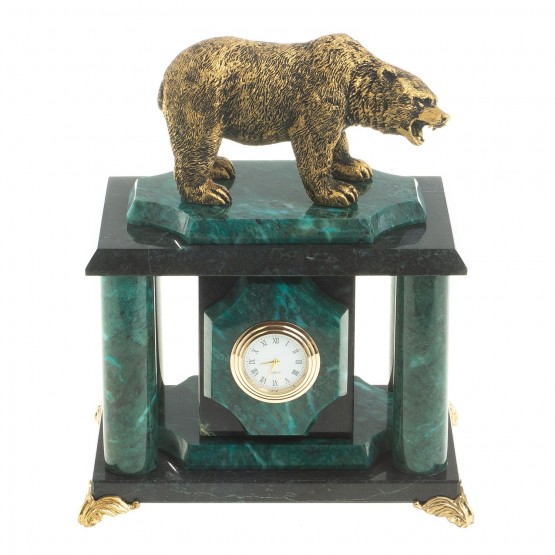 Часы из змеевика с фигуркой из мрамолита "Медведь" 122791