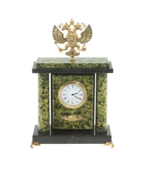 Настольные часы с колоннами "Герб РФ" камень змеевик бронза