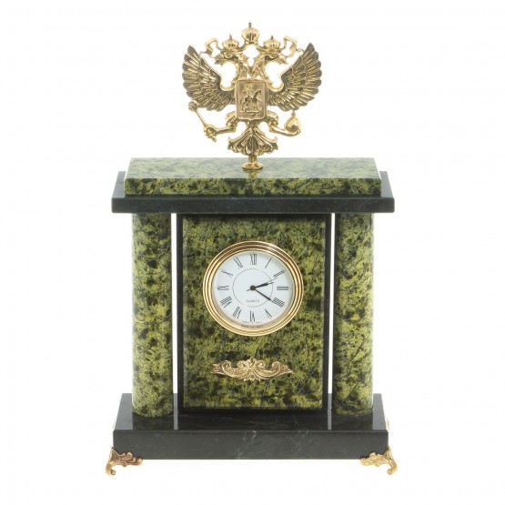 Настольные часы с колоннами "Герб РФ" камень змеевик бронза