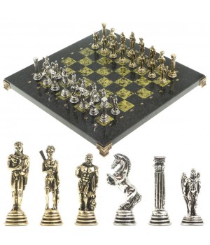 Сувенирные шахматы "Икар" доска 32х32 см из камня змеевик фигуры металлические