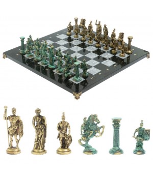 Шахматы "Римские войны" фигуры бронза / патина 44х44 см серый мрамор 128381