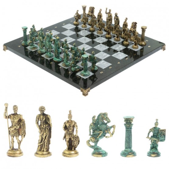 Шахматы "Римские войны" фигуры бронза / патина 44х44 см серый мрамор 128381