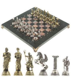 Подарочные шахматы "Подвиги Геракла" доска 28х28 см из камня креноид змеевик фигуры металлические