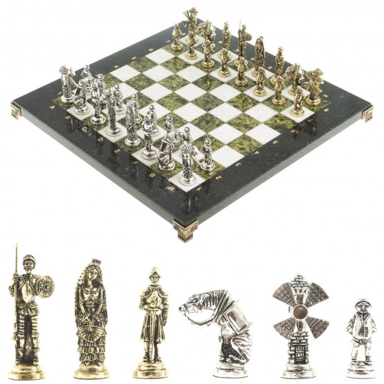 Шахматный набор подарочный "Дон Кихот" доска 36х36 см камень мрамор змеевик фигуры металлические