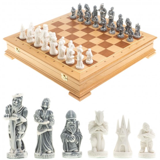 Шахматный ларец "Средневековье" доска бук 43,5х43,5 см / Шахматы подарочные / Шахматы деревянные / Шахматный набор / Шахматы каменные