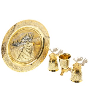 Подарочный набор "Лось" тарелка с гравюрой и 3 стопки перевертыша 70 мл бронза Златоуст