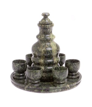 Подарочный набор "Коньячный" из камня змеевик (6 рюмок на ножке, графин, поднос)