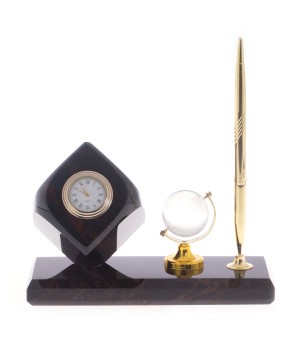 Офисный письменный мини-набор "Куб" с глобусом и ручкой из натурального обсидиана