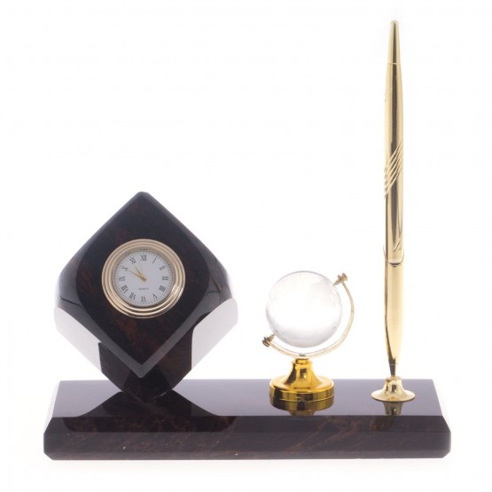 Офисный письменный мини-набор "Куб" с глобусом и ручкой из натурального обсидиана