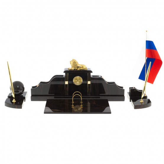 Настольный письменный набор "Гордый лев" из черного обсидиана - оригинальный подарок директору