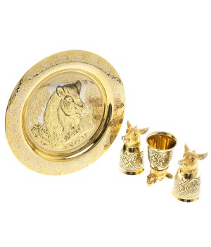 Подарочный набор "Кабан" тарелка с гравюрой и 3 стопки перевертыша 70 мл бронза Златоуст