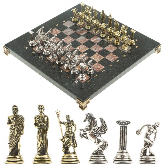 Сувенирные шахматы "Олимпийские игры" доска 28х28 см из камня креноид змеевик фигуры металлические