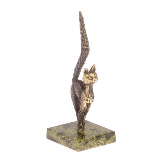 Статуэтка из бронзы "Кошка с длинным хвостом" на подставке из змеевика / бронзовая статуэтка / декоративная фигурка