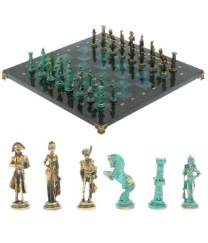 Шахматы "Отечественная война 1812 г. " фигуры бронза / патина 40х40 см змеевик 128401