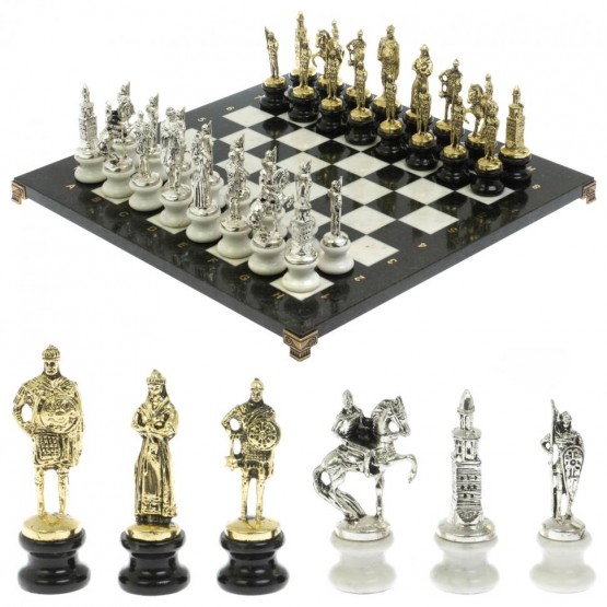 Шахматы "Русь" из мрамора и змеевика на каменных подставках 44х44 см 128512