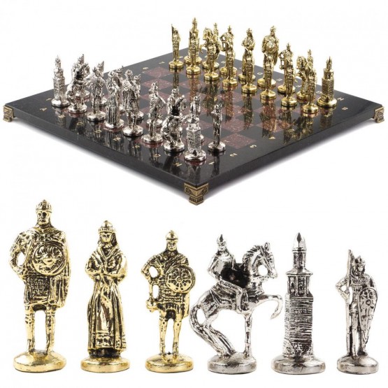 Настольные шахматы "Русь" доска 40х40 см камень лемезит фигуры металлические 120684