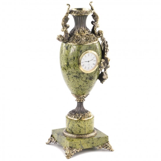 Настольная ваза кубок с часами "Виноград" бронза змеевик