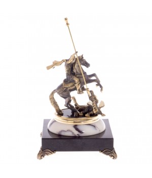 Декоративная статуэтка из бронзы "Георгий Победоносец" на подставке из натурального мрамора