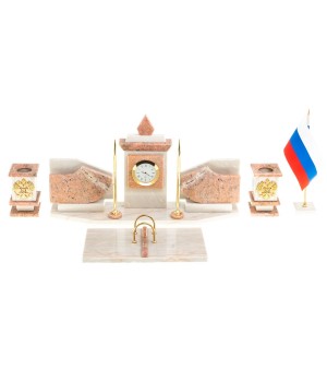 Письменный прибор с гербом и флагом России камень розовый мрамор 123754