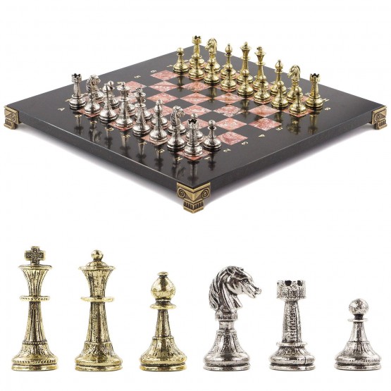 Шахматы с металлическими фигурами "Стаунтон" доска 28х28 см из натурального камня