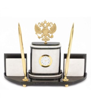 Настольный набор "Герб РФ" из белого мрамора с бронзой и 2-мя шариковыми ручками