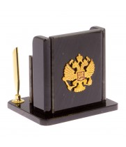 Мини-набор "Герб РФ" из черного обсидиана / Офисный набор / Настольная подставка для визиток