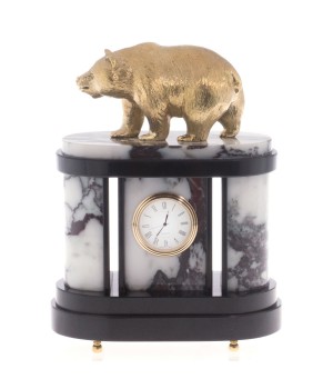 Подарочные часы из натурального мрамора с бронзой "Бурый медведь"