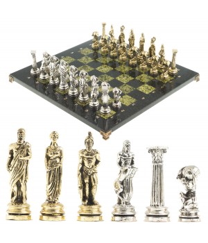 Настольные шахматы "Атлас" доска 44х44 см камень змеевик фигуры металлические