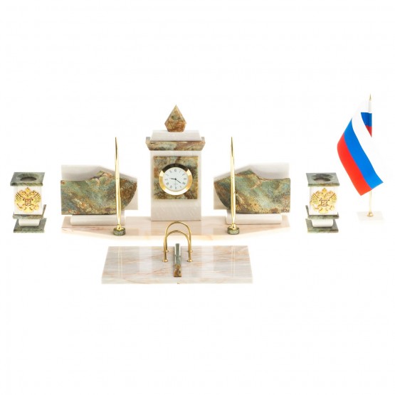 Письменный прибор с гербом и флагом России камень мрамор, офиокальцит