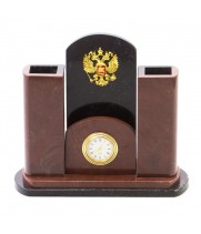 Часы настольные с карандашницей "Герб РФ" камень лемезит / настольные часы / часы декоративные / кварцевые часы / интерьерные часы / подарочные часы