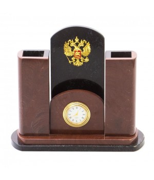 Часы настольные с карандашницей "Герб РФ" камень лемезит / настольные часы / часы декоративные / кварцевые часы / интерьерные часы / подарочные часы