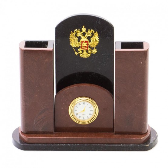Часы настольные с карандашницей "Герб РФ" камень лемезит / настольные часы / часы декоративные / кварцевые часы / интерьерные часы / подарочные часы
