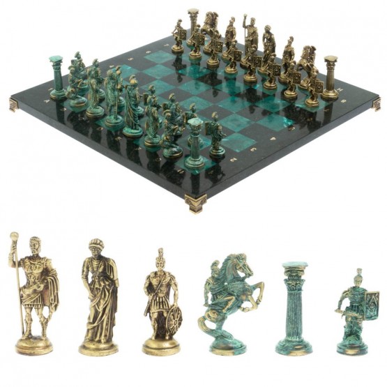Шахматы "Римские войны" фигуры бронза / патина 44х44 см змеевик 128383