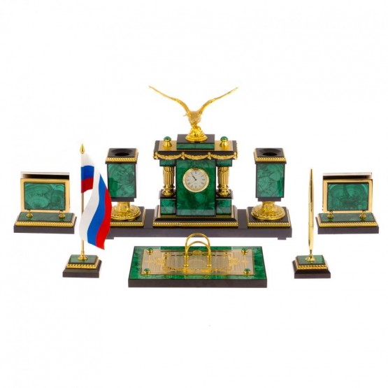 Настольный набор руководителя из малахита "Орел" / Канцелярский набор / Набор письменных принадлежностей / На стол руководителю / Подарок бизнес партнеру