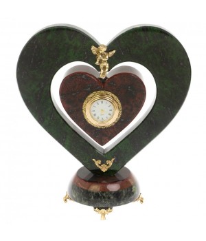 Декоративные часы «Сердце с ангелом» из змеевика и мрамора