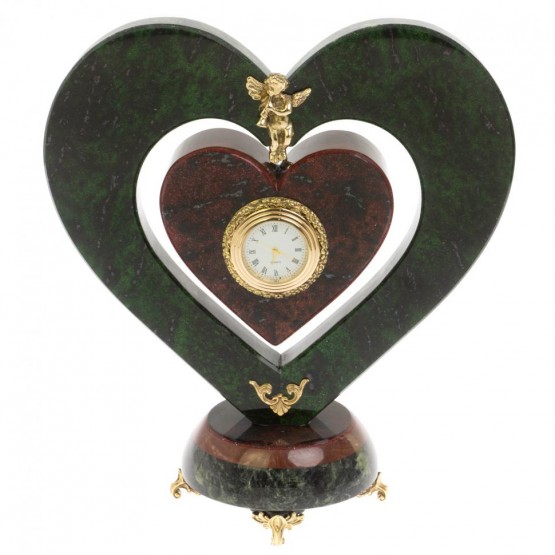 Декоративные часы «Сердце с ангелом» из змеевика и мрамора