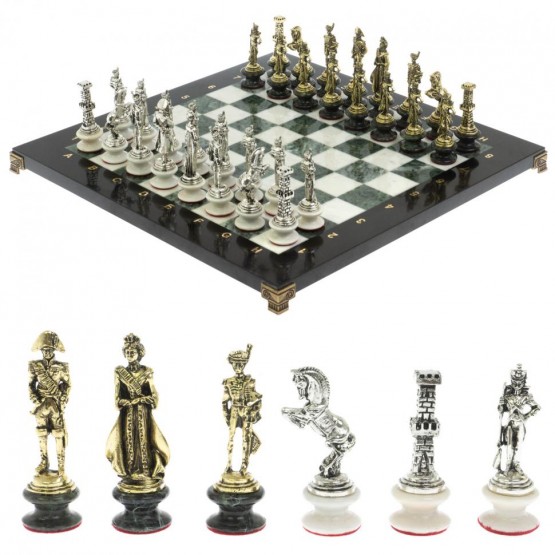 Шахматы "Отечественная война 1812 г." на подставках доска 40х40 см мрамор змеевик 128517