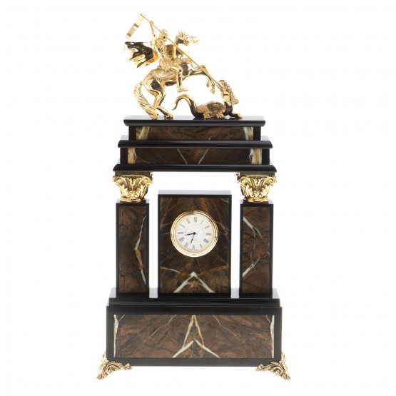 Каминные декоративные часы из офиокальцита и бронзы "Георгий Победоносец"