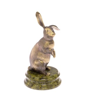 Статуэтка "Кролик" из бронзы на подставке из змеевика / бронзовая статуэтка / декоративная фигурка / сувенир из камня
