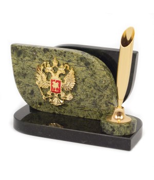 Настольная визитница из камня "Герб РФ" с подставкой под ручку змеевик 117273