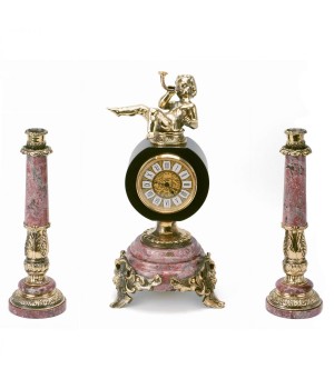 Интерьерные часы с подсвечниками "Ангел с дудочкой" камень креноид бронза 118929